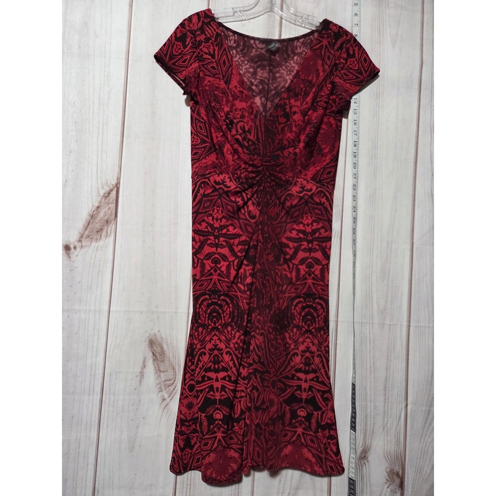 Red Black Pattern Dress Ladies 8 Cap Sleeve Midi Knot Front Evening Party
